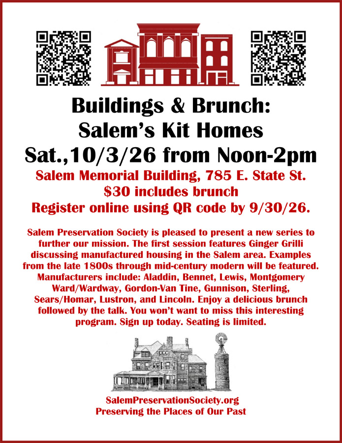 Poster to promote the Salem Preservation Society Buildings & Brunch: Salem’s Kit Homes.