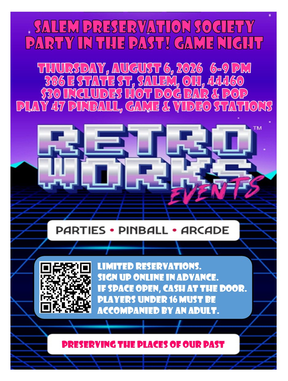 Poster to promote the Salem Preservation Society Party in the Past! Game Night.